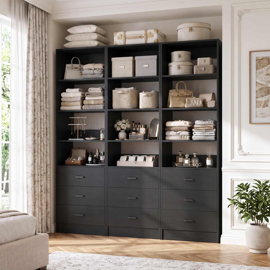 63.9 Inch Wide Closet Storage System, with 9 Wooden Drawers and 12 Open Shelves, 3 Piece Set