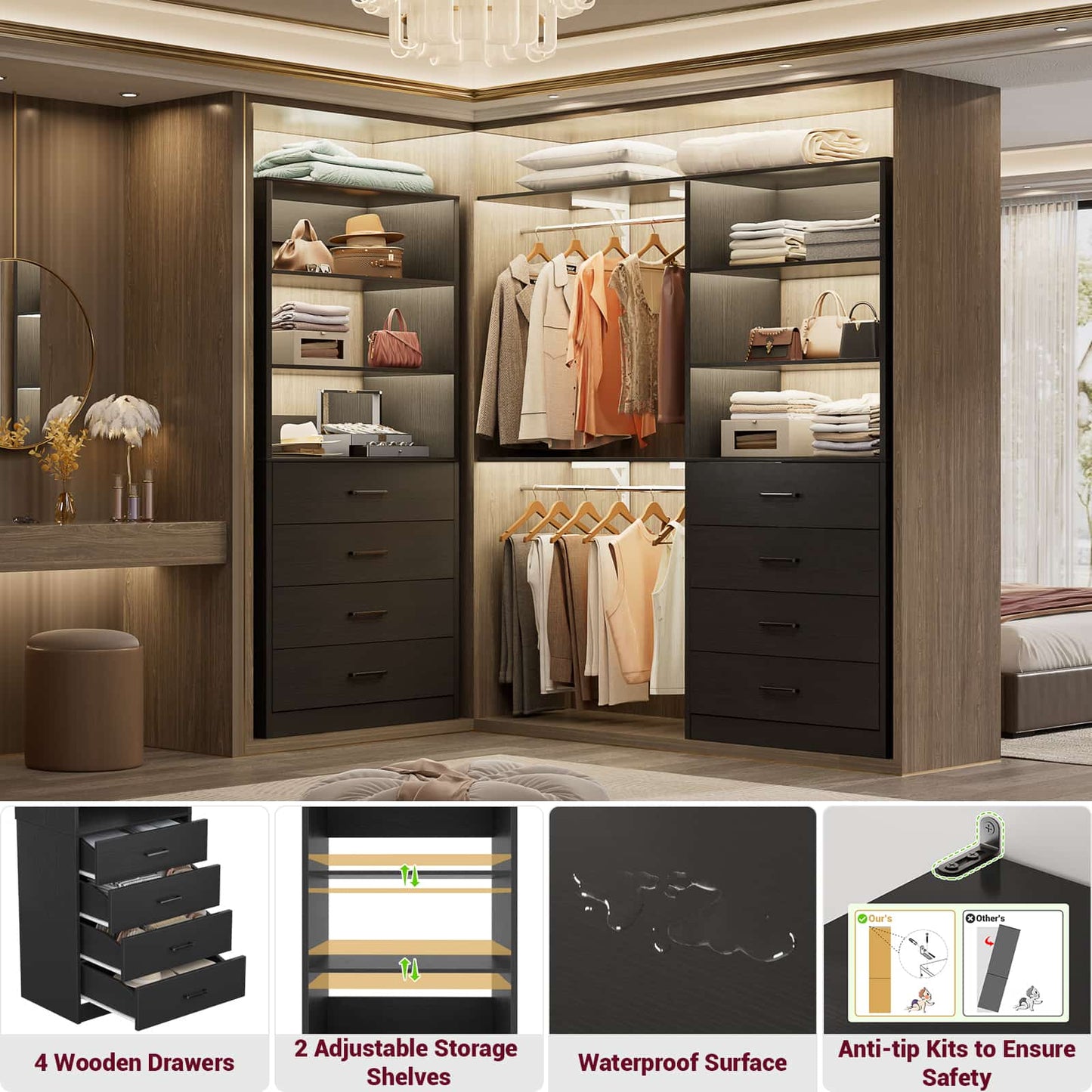3.55 FT Modular Closet Organizer System with 8 Wood Drawers and 6 Shelves