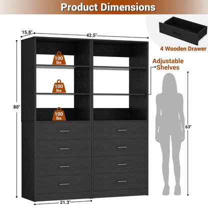 3.55 FT Modular Closet Organizer System with 8 Wood Drawers and 6 Shelves
