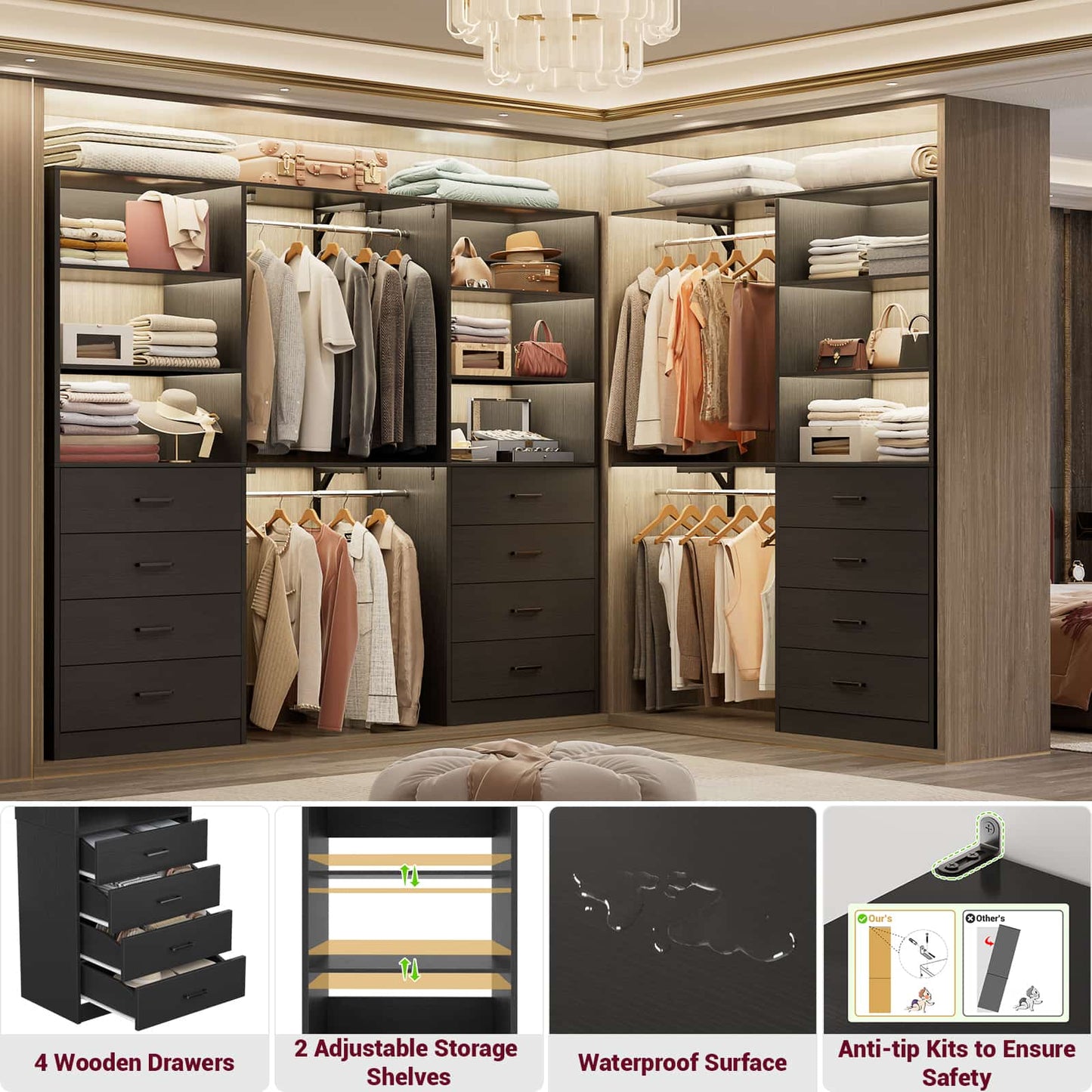 3.55 FT Walk-in Modular Closet Organizer System with 8 Wood Drawers and 6 Shelves