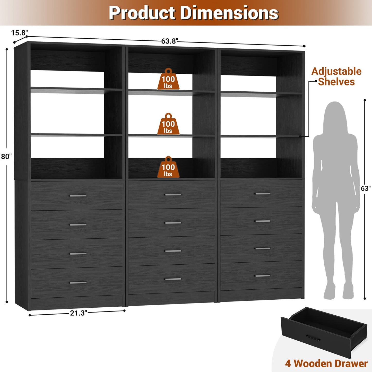 3.55 FT Walk-in Modular Closet Organizer System with 8 Wood Drawers and 6 Shelves