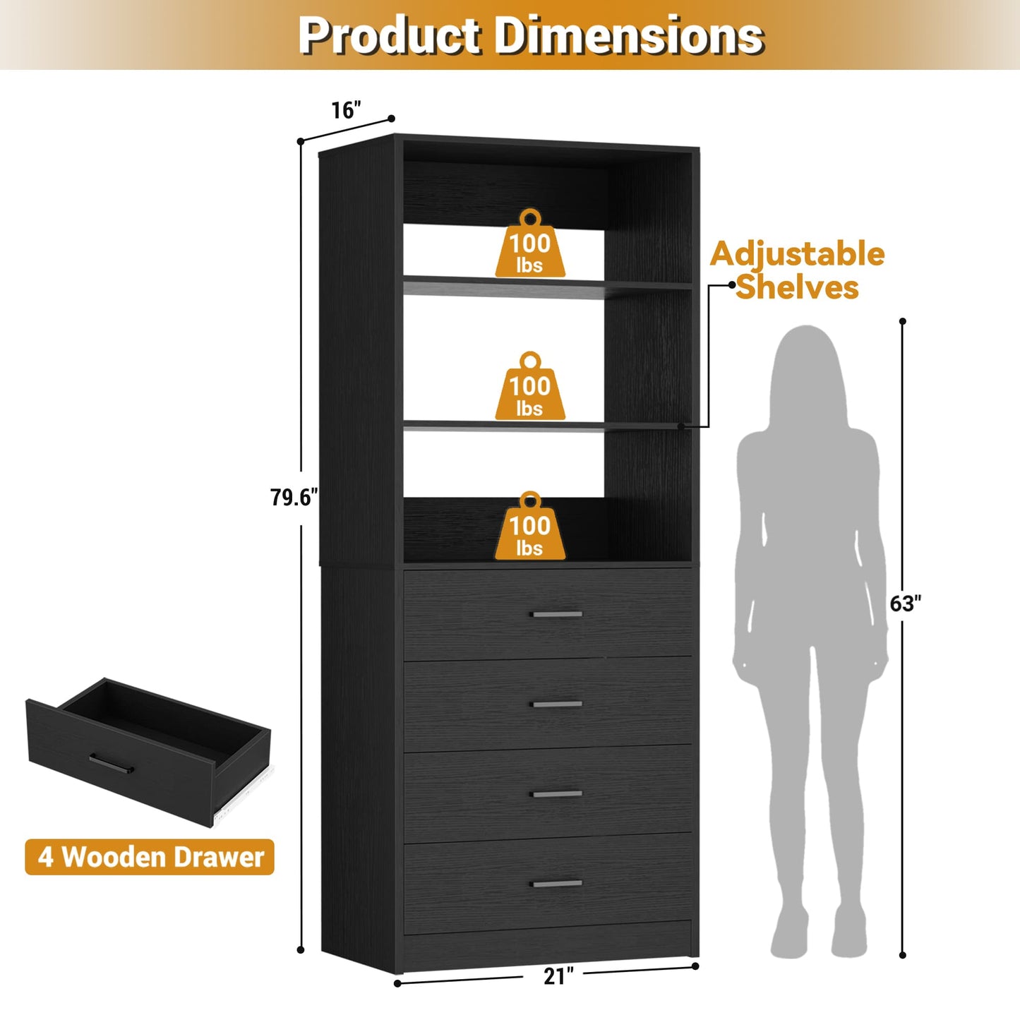 21.3'' Freestanding Closet System with 4 Drawers and Shelves