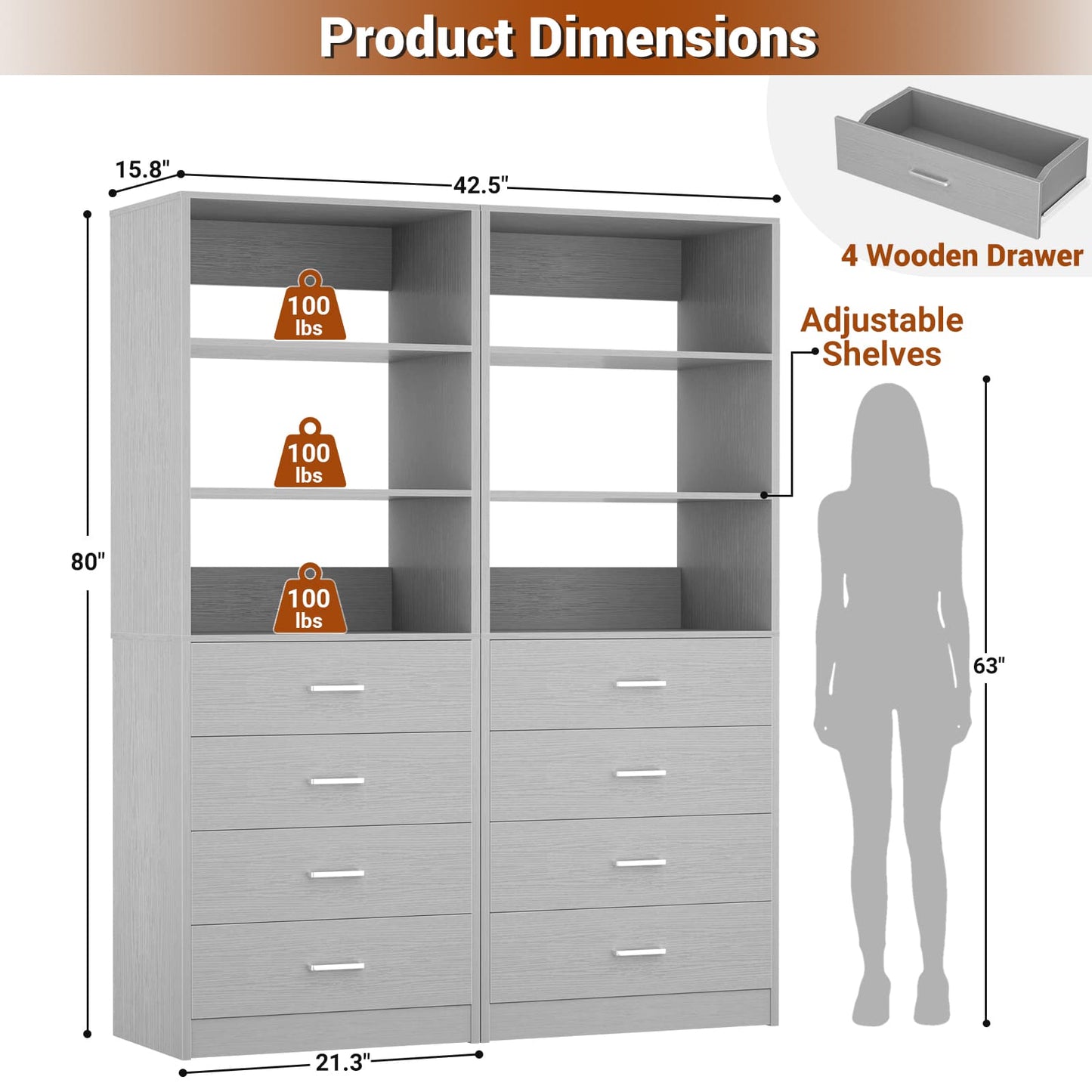 3.55 FT Modular Closet Organizer System with 8 Wood Drawers and 6 Shelves