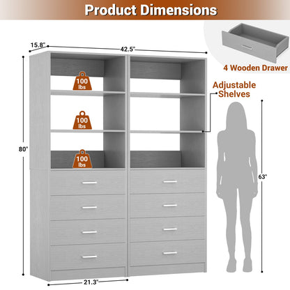 3.55 FT Modular Closet Organizer System with 8 Wood Drawers and 6 Shelves