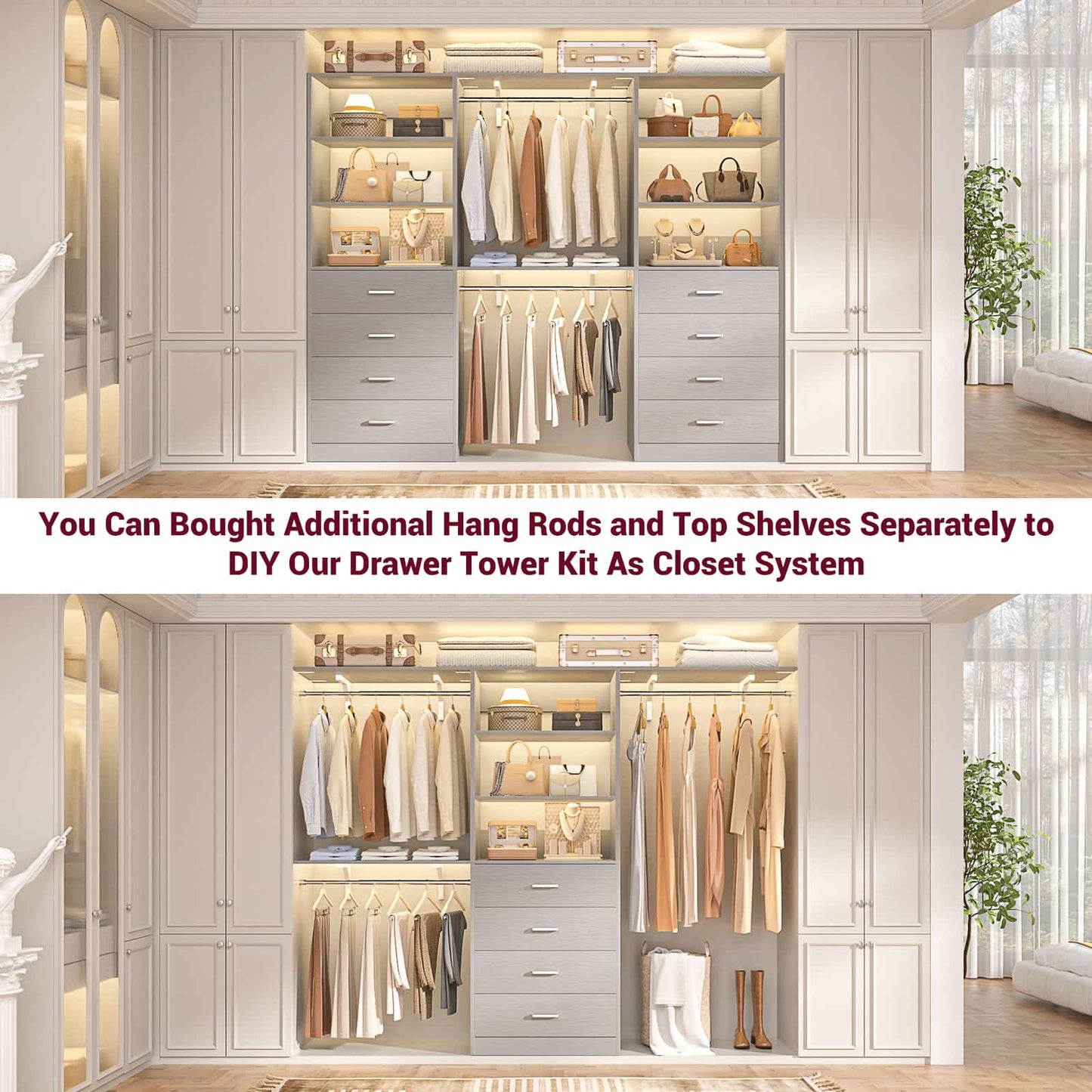 3.55 FT Walk-in Modular Closet Organizer System with 8 Wood Drawers and 6 Shelves