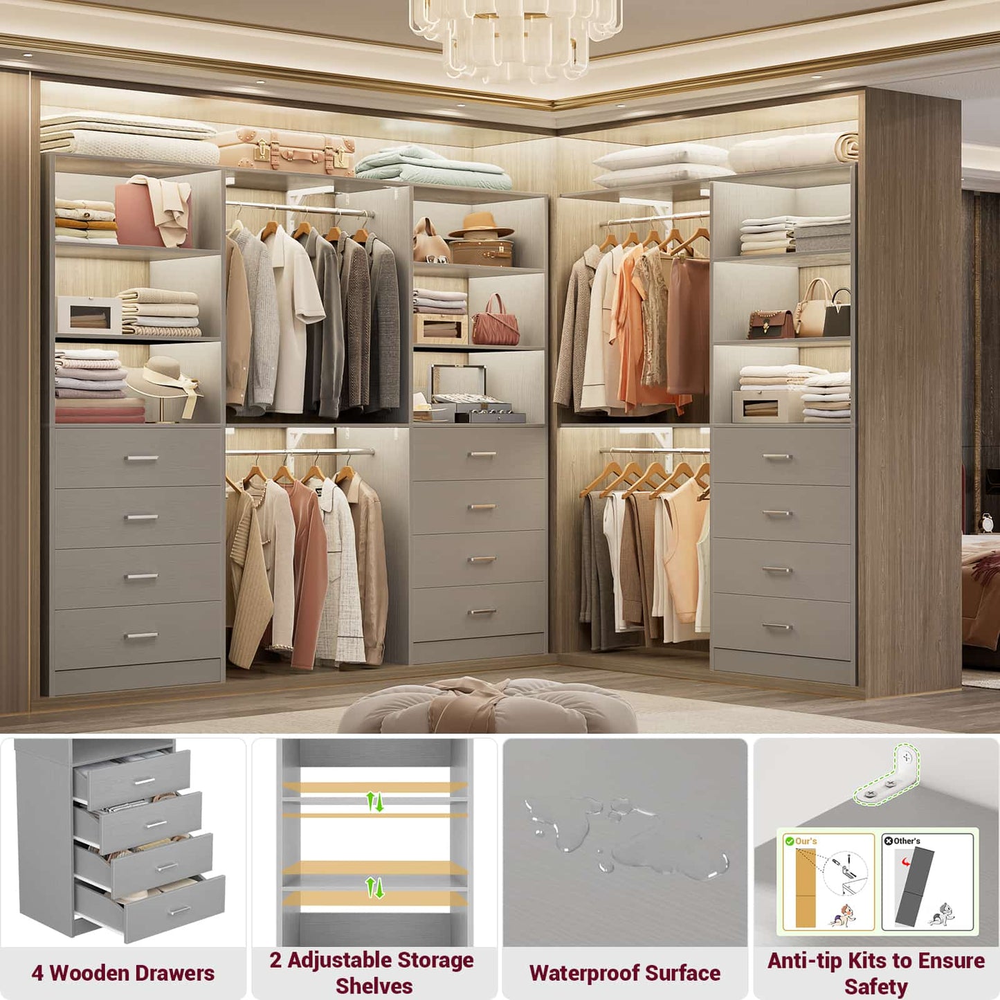 3.55 FT Walk-in Modular Closet Organizer System with 8 Wood Drawers and 6 Shelves
