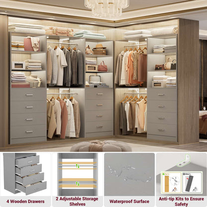 3.55 FT Walk-in Modular Closet Organizer System with 8 Wood Drawers and 6 Shelves
