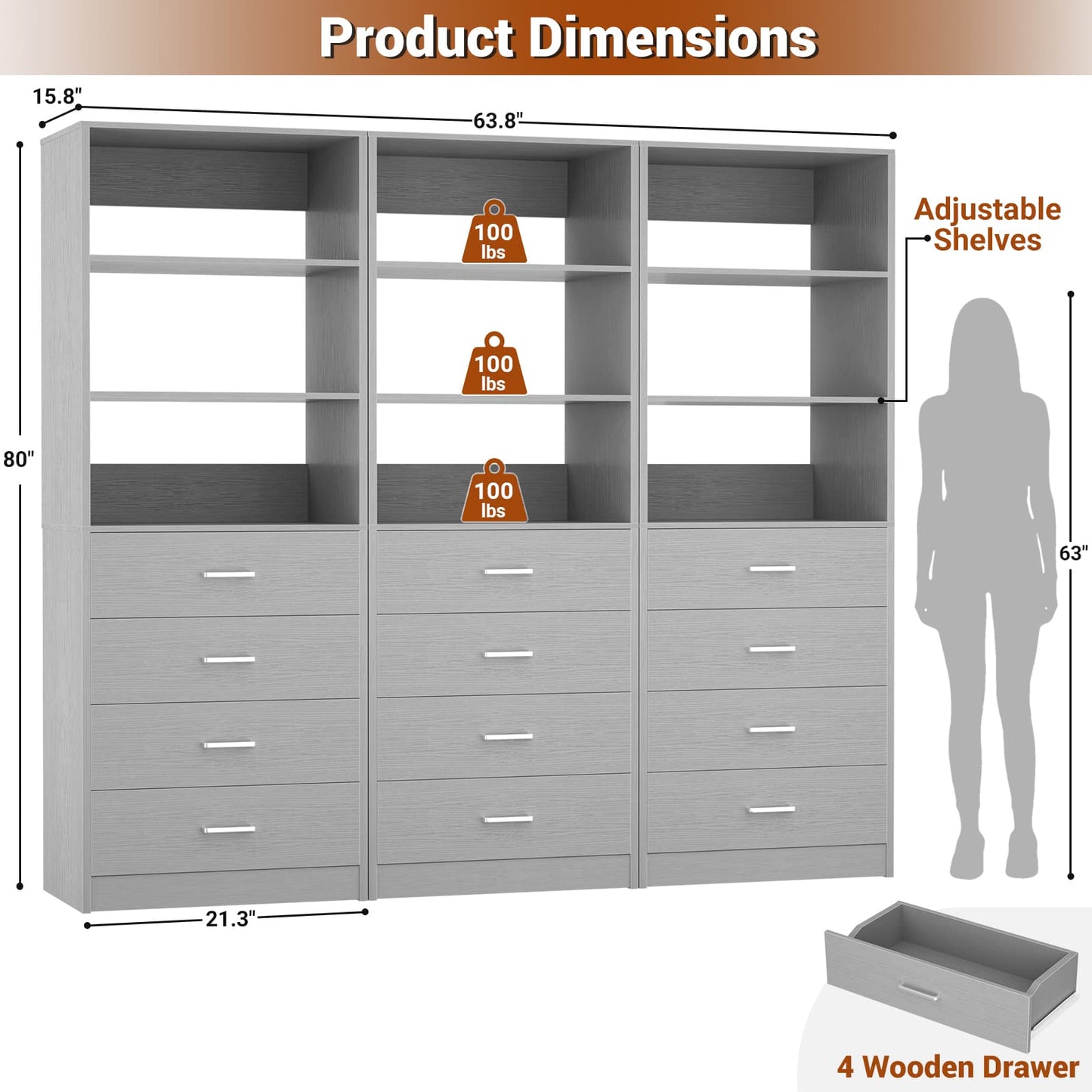 3.55 FT Walk-in Modular Closet Organizer System with 8 Wood Drawers and 6 Shelves