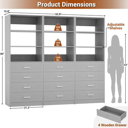 3.55 FT Walk-in Modular Closet Organizer System with 8 Wood Drawers and 6 Shelves