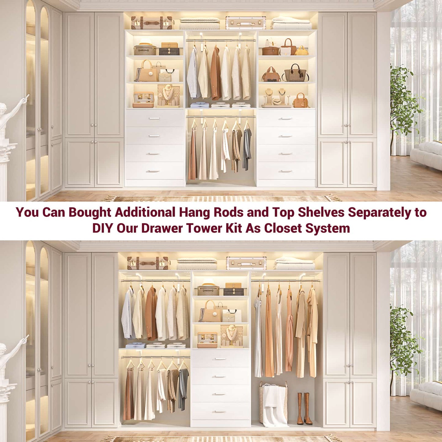 3.55 FT Modular Closet Organizer System with 8 Wood Drawers and 6 Shelves