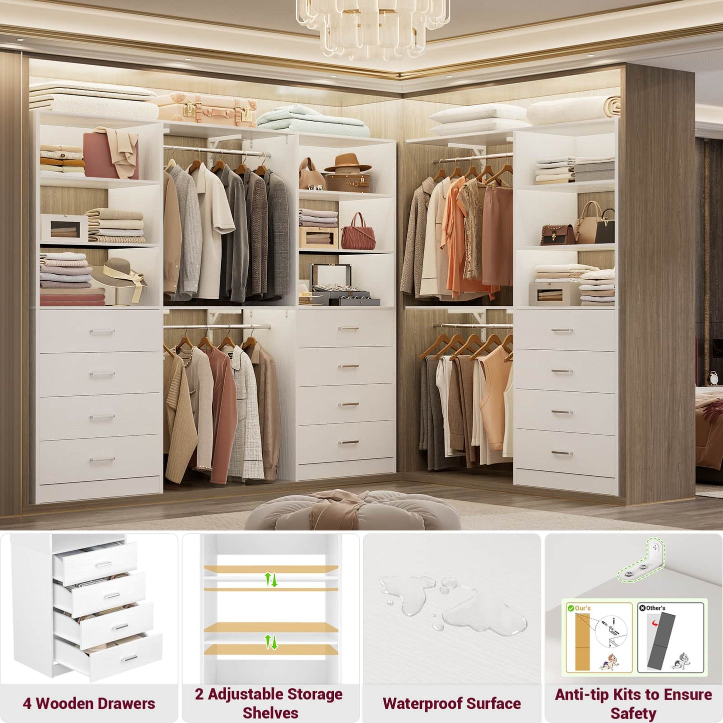 3.55 FT Walk-in Modular Closet Organizer System with 8 Wood Drawers and 6 Shelves