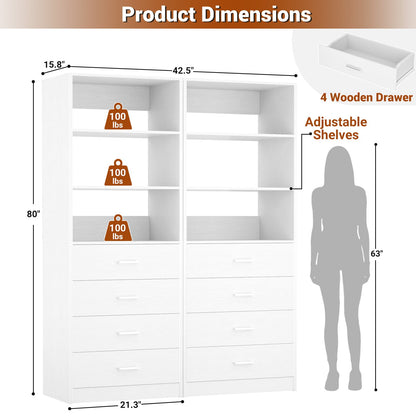 3.55 FT Walk-in Modular Closet Organizer System with 8 Wood Drawers and 6 Shelves