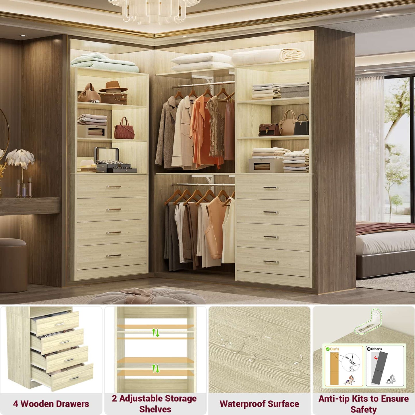 3.55 FT Modular Closet Organizer System with 8 Wood Drawers and 6 Shelves