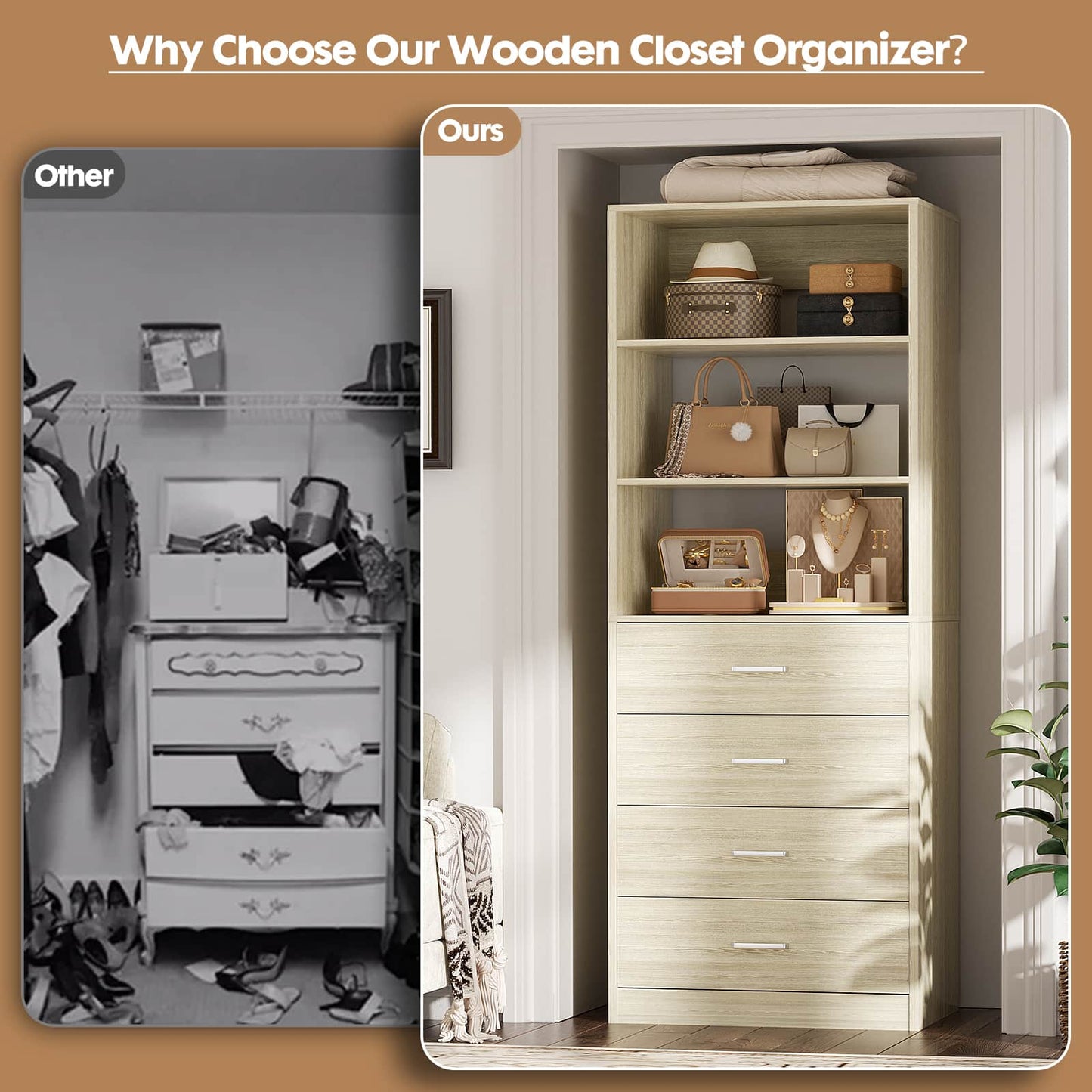 3.55 FT Modular Closet Organizer System with 8 Wood Drawers and 6 Shelves