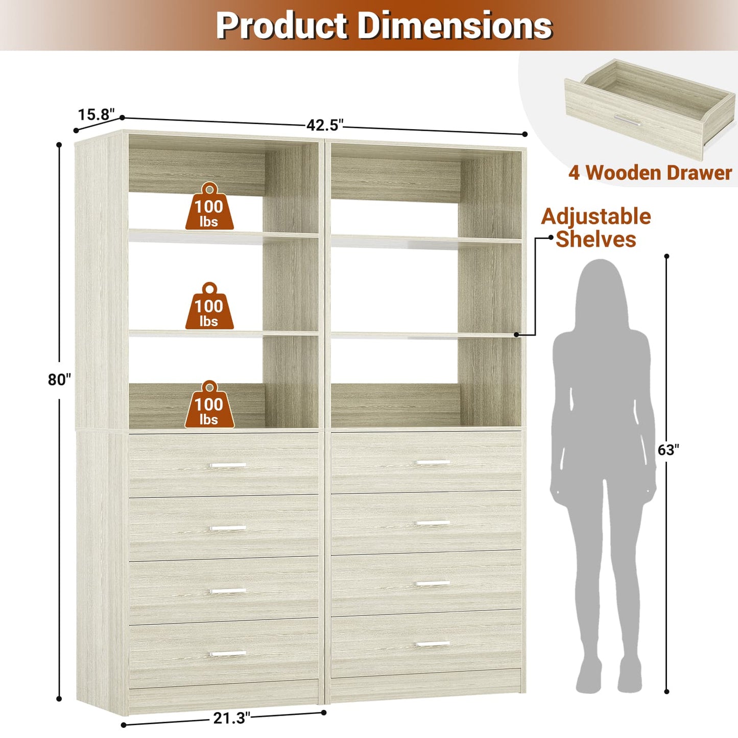 3.55 FT Modular Closet Organizer System with 8 Wood Drawers and 6 Shelves