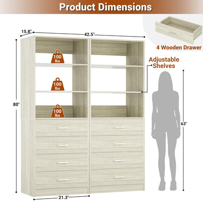 3.55 FT Modular Closet Organizer System with 8 Wood Drawers and 6 Shelves