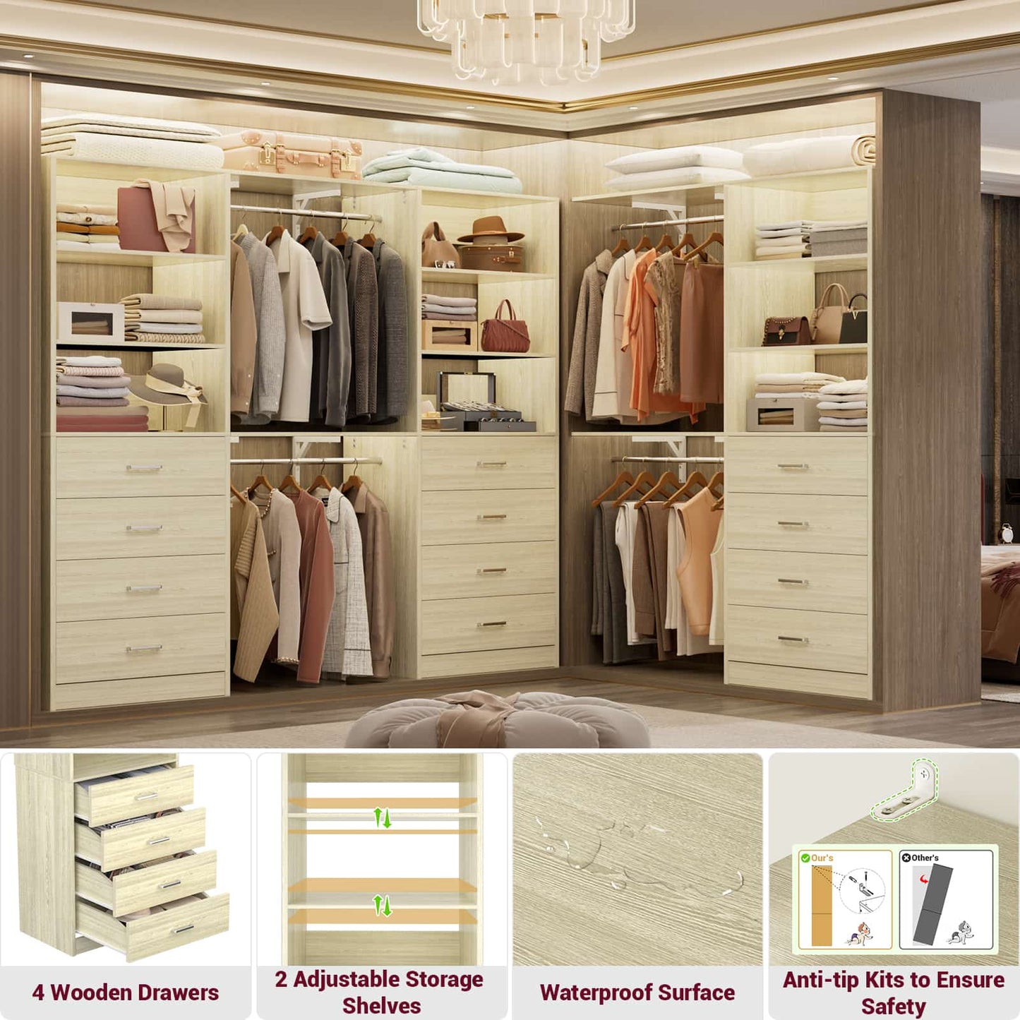 3.55 FT Walk-in Modular Closet Organizer System with 8 Wood Drawers and 6 Shelves