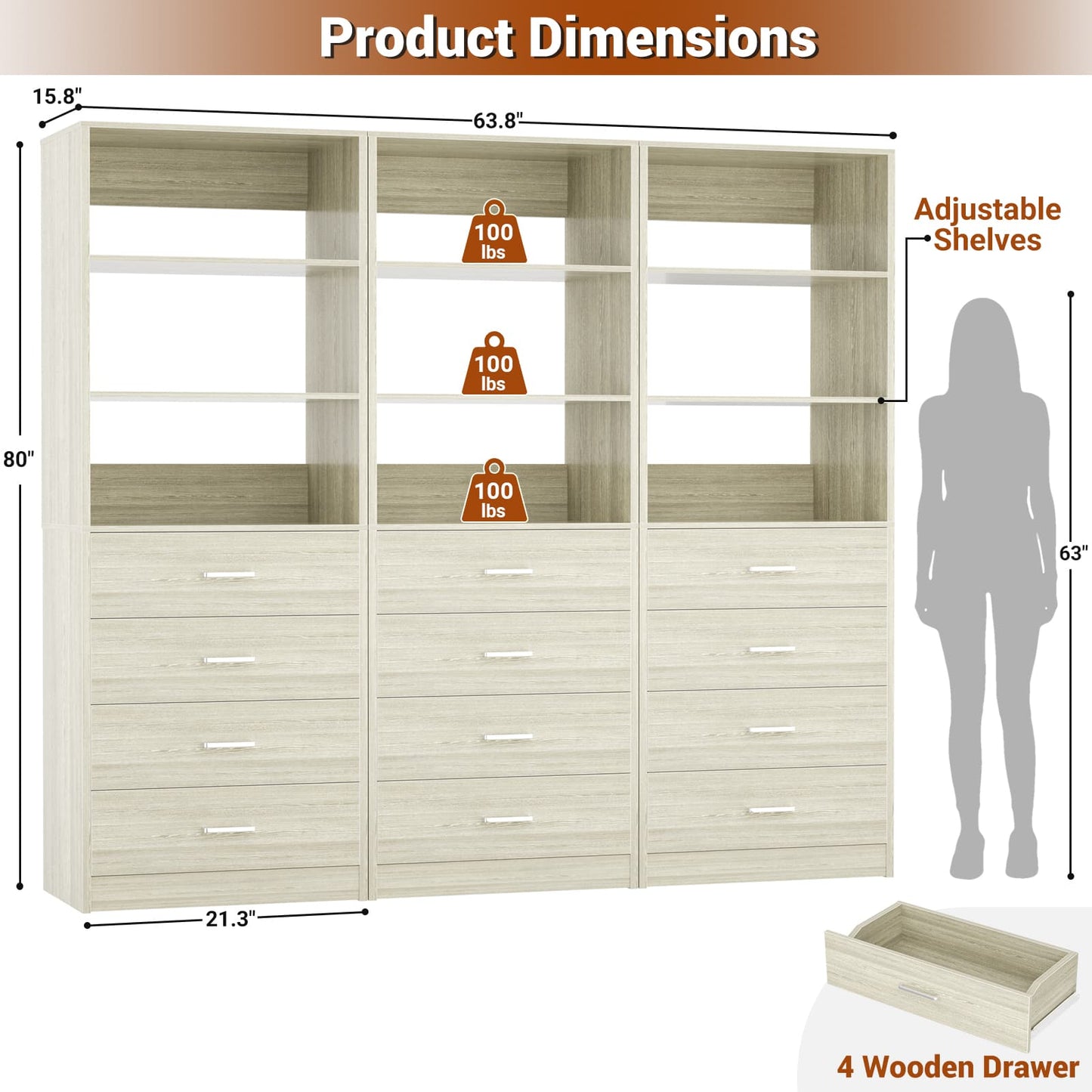 3.55 FT Walk-in Modular Closet Organizer System with 8 Wood Drawers and 6 Shelves