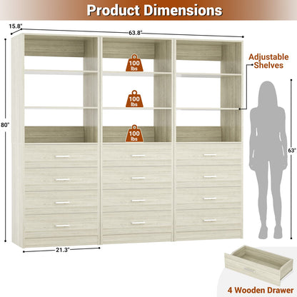3.55 FT Walk-in Modular Closet Organizer System with 8 Wood Drawers and 6 Shelves