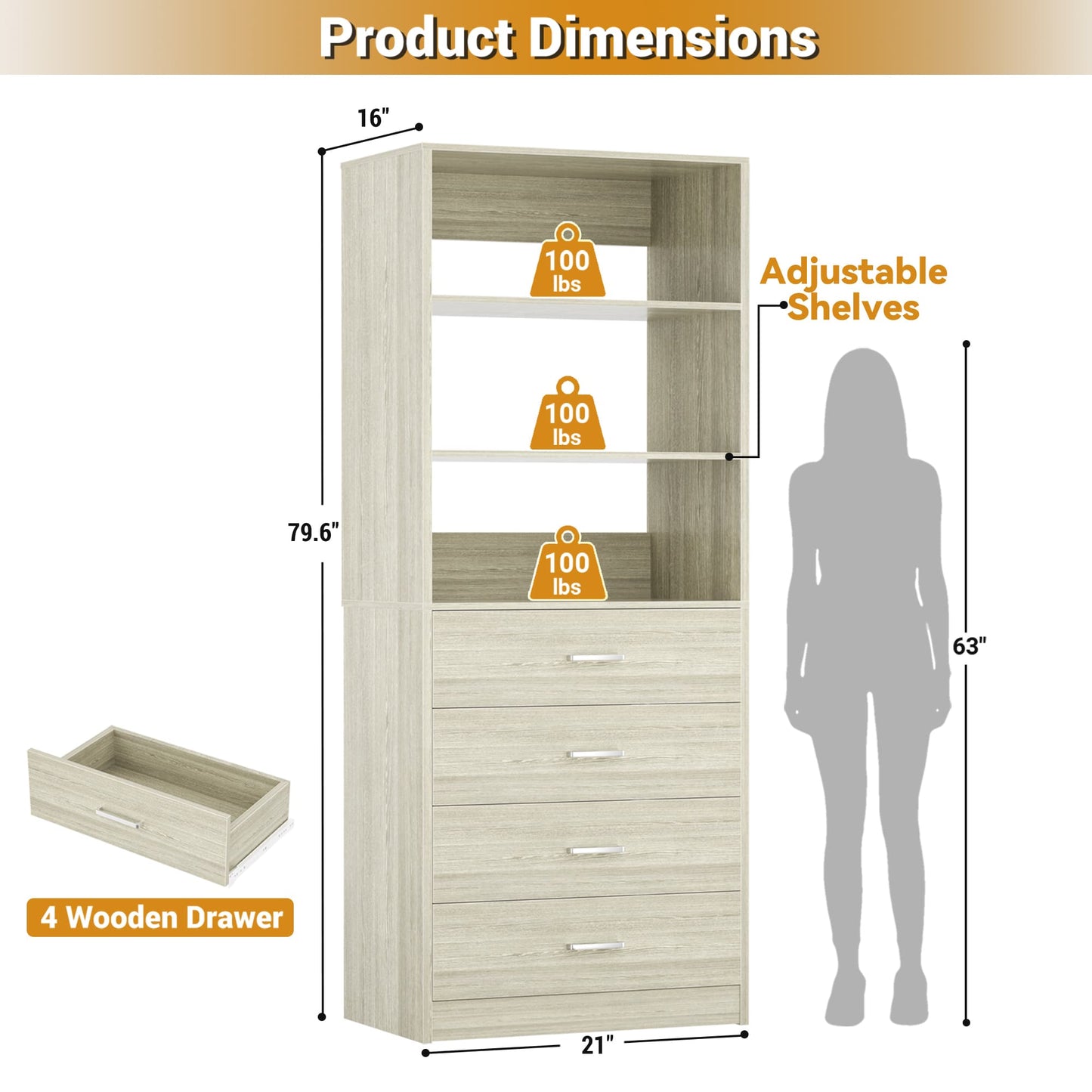 21.3'' Freestanding Closet System with 4 Drawers and Shelves