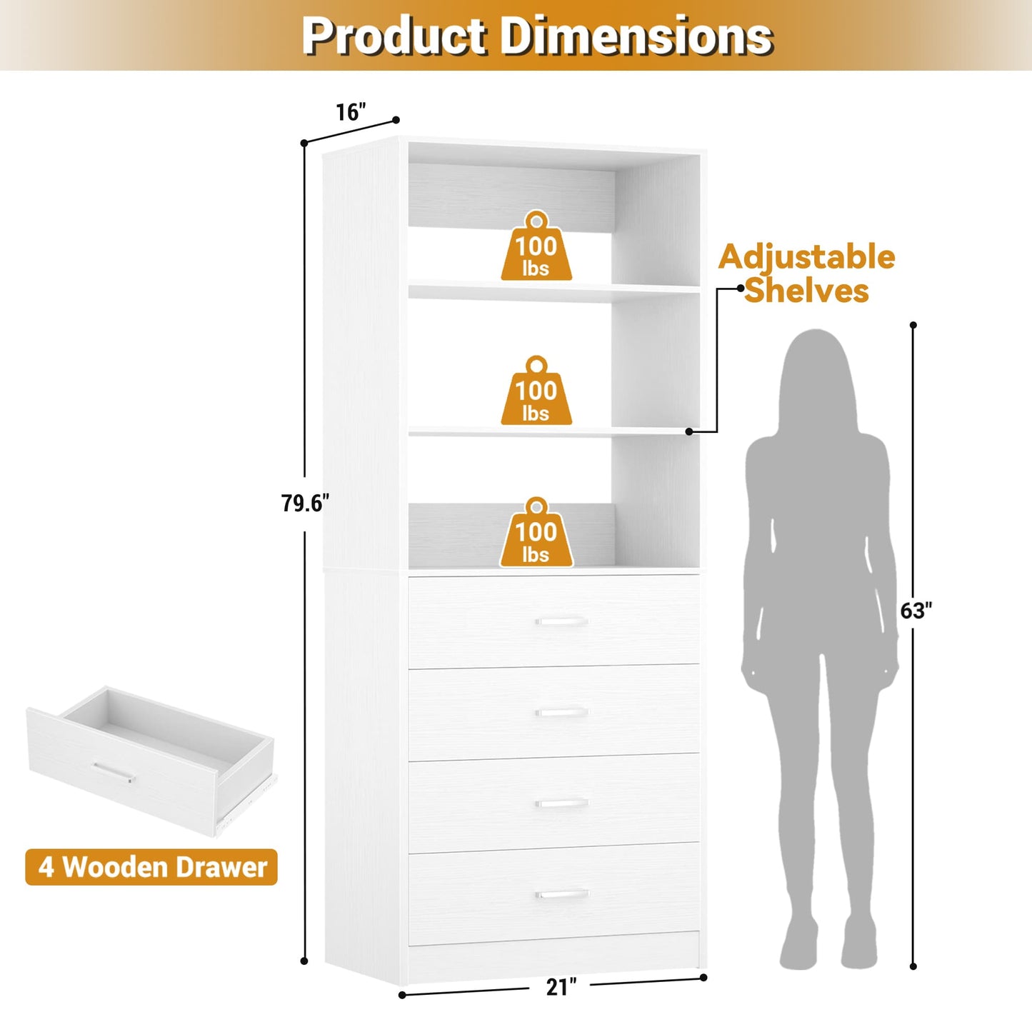 21.3'' Freestanding Closet System with 4 Drawers and Shelves
