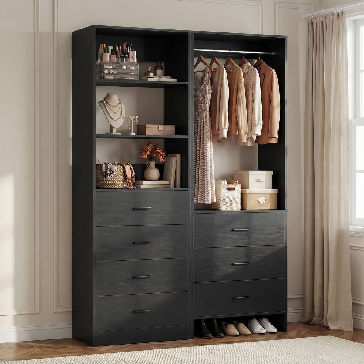 45'' Wide Closet Organizer System Set of 2, Walk-in Closet Storage System with 7 Drawers, Hanging Rod and Adjustable Shelf
