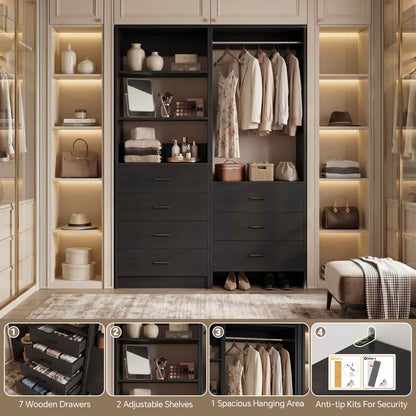 45'' Wide Closet Organizer System Set of 2, Walk-in Closet Storage System with 7 Drawers, Hanging Rod and Adjustable Shelf