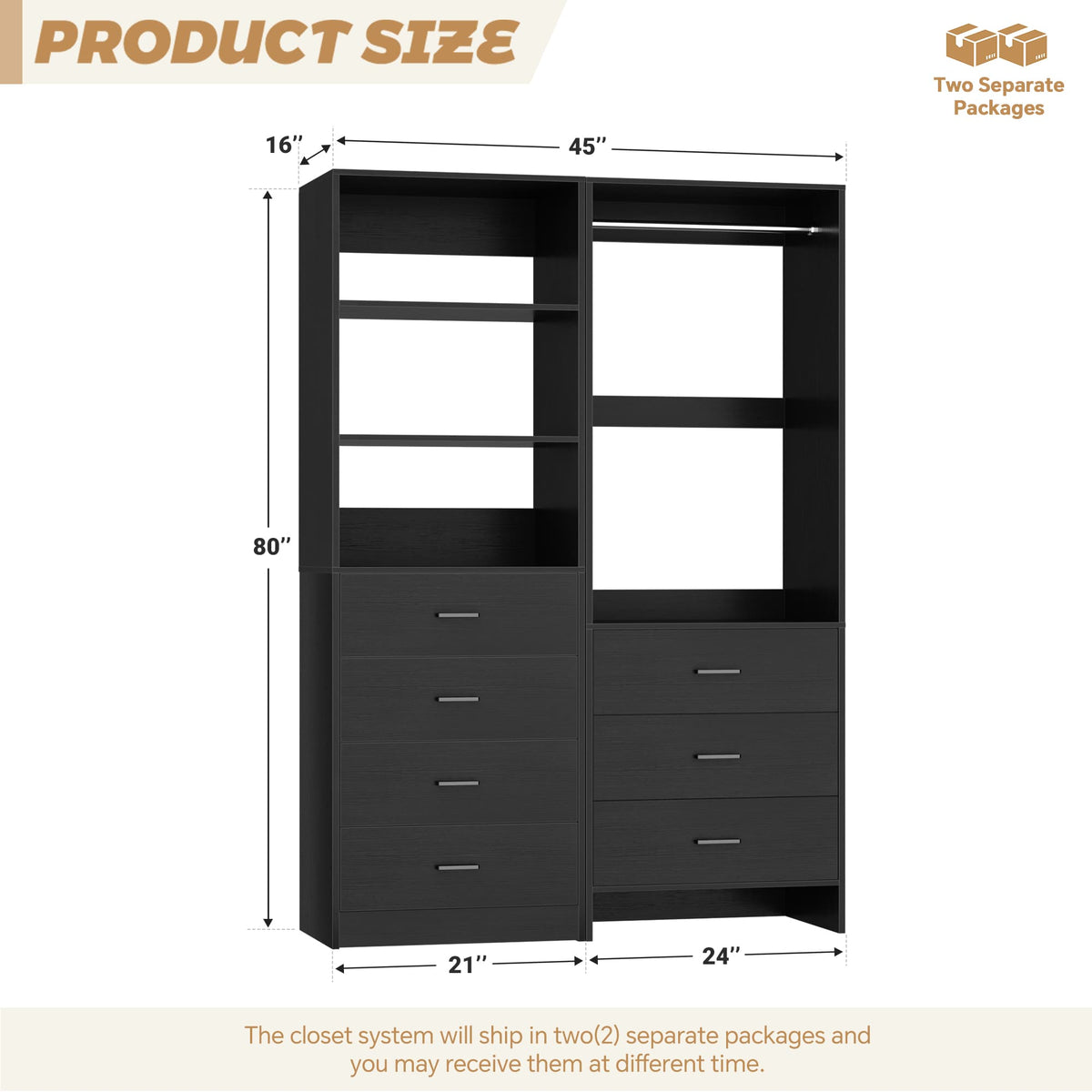 45'' Wide Closet Organizer System Set of 2, Walk-in Closet Storage System with 7 Drawers, Hanging Rod and Adjustable Shelf