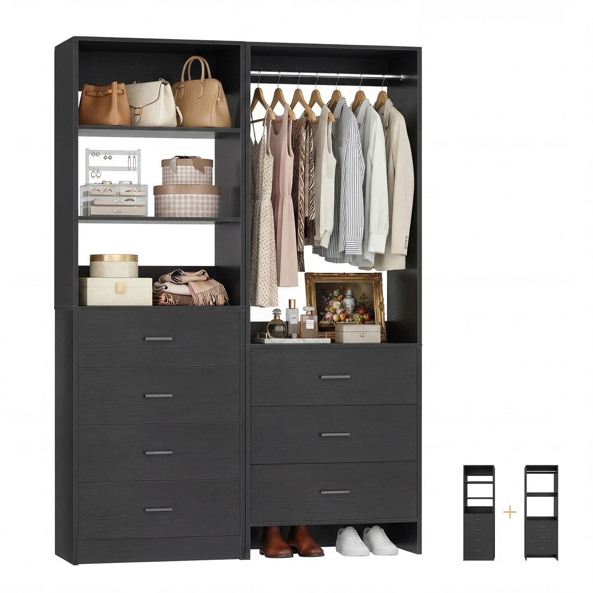 45'' Wide Closet Organizer System Set of 2, Walk-in Closet Storage System with 7 Drawers, Hanging Rod and Adjustable Shelf