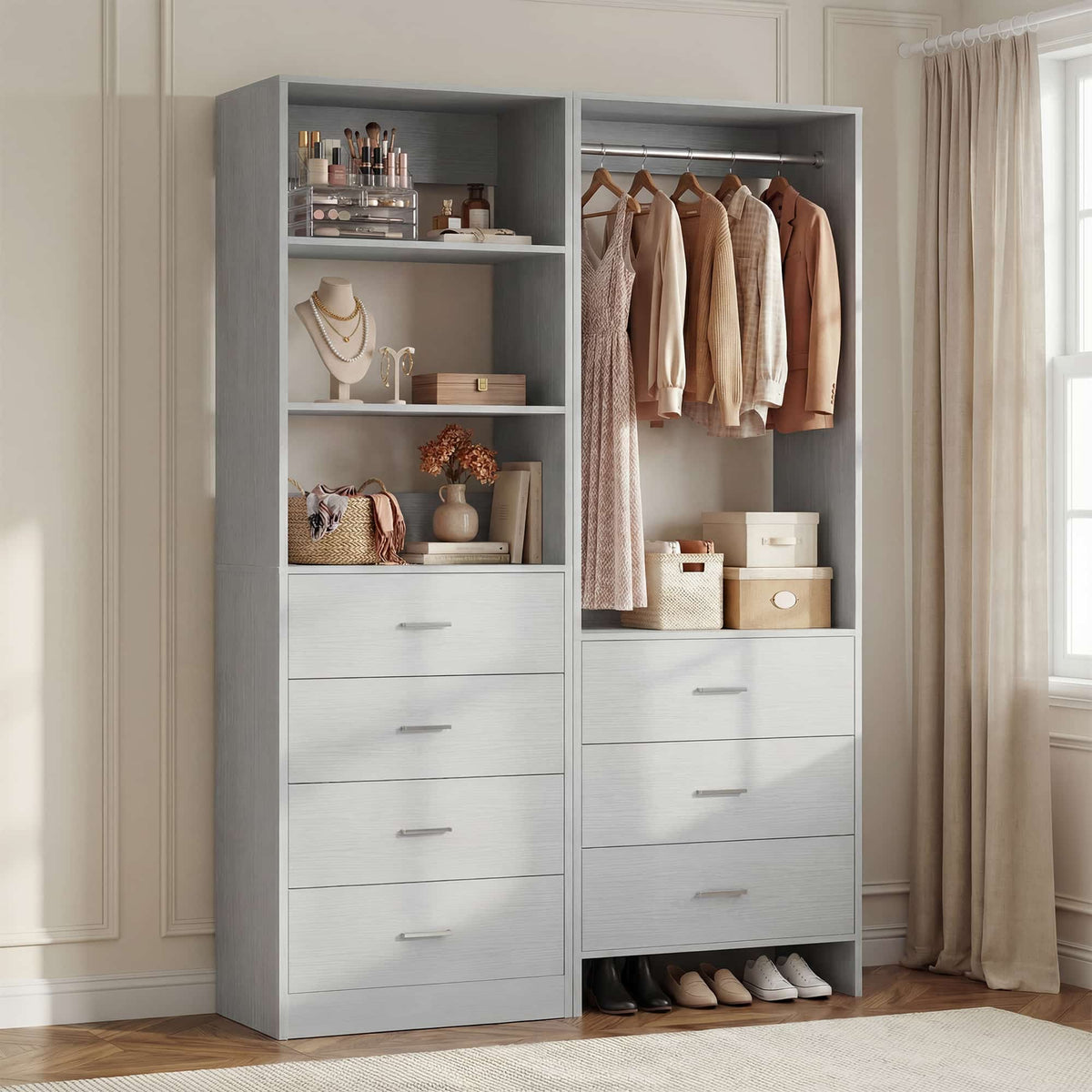 45'' Wide Closet Organizer System Set of 2, Walk-in Closet Storage System with 7 Drawers, Hanging Rod and Adjustable Shelf