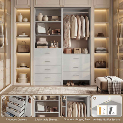 45'' Wide Closet Organizer System Set of 2, Walk-in Closet Storage System with 7 Drawers, Hanging Rod and Adjustable Shelf