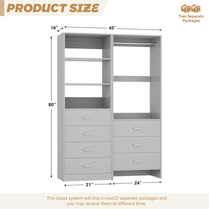 45'' Wide Closet Organizer System Set of 2, Walk-in Closet Storage System with 7 Drawers, Hanging Rod and Adjustable Shelf