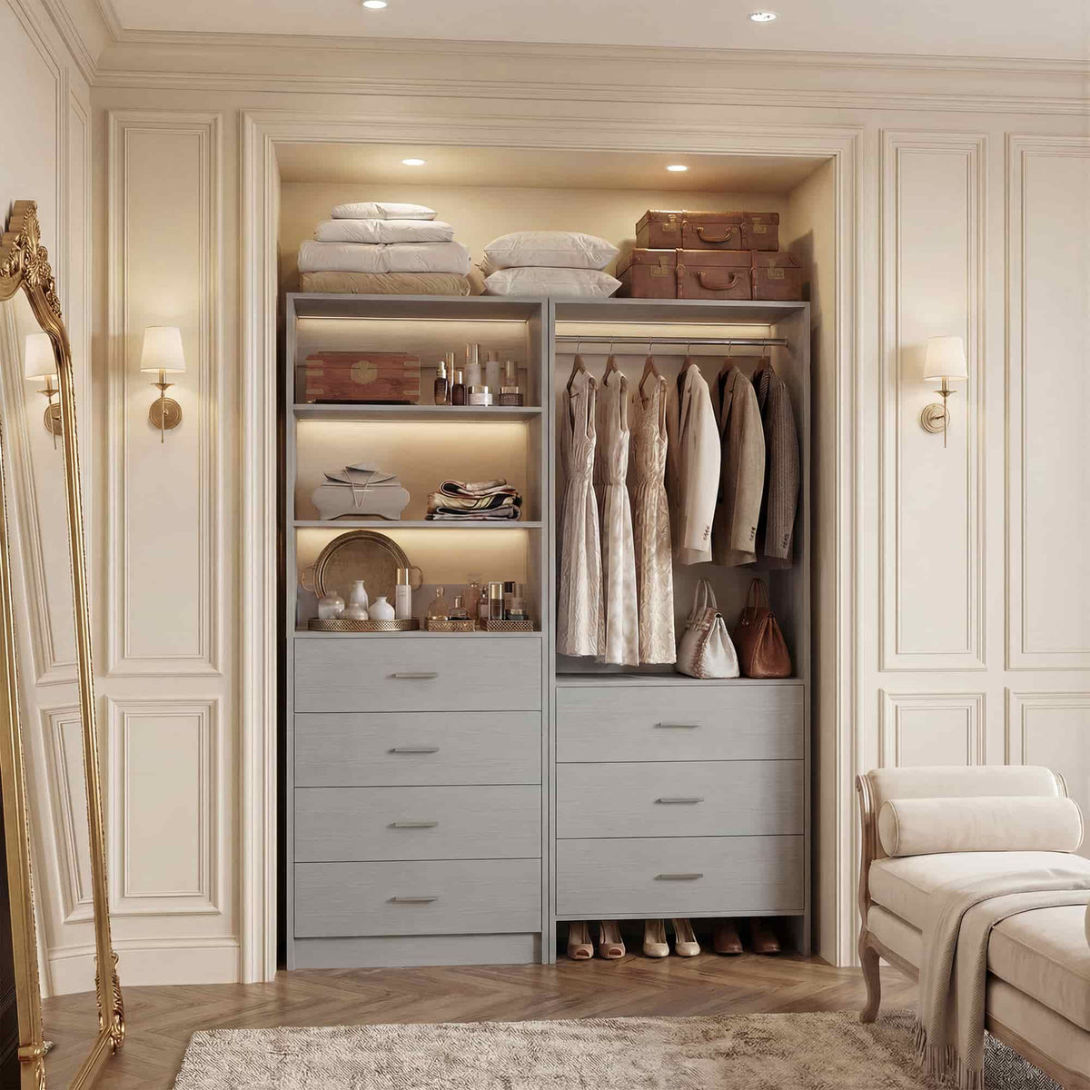 45'' Wide Closet Organizer System Set of 2, Walk-in Closet Storage System with 7 Drawers, Hanging Rod and Adjustable Shelf