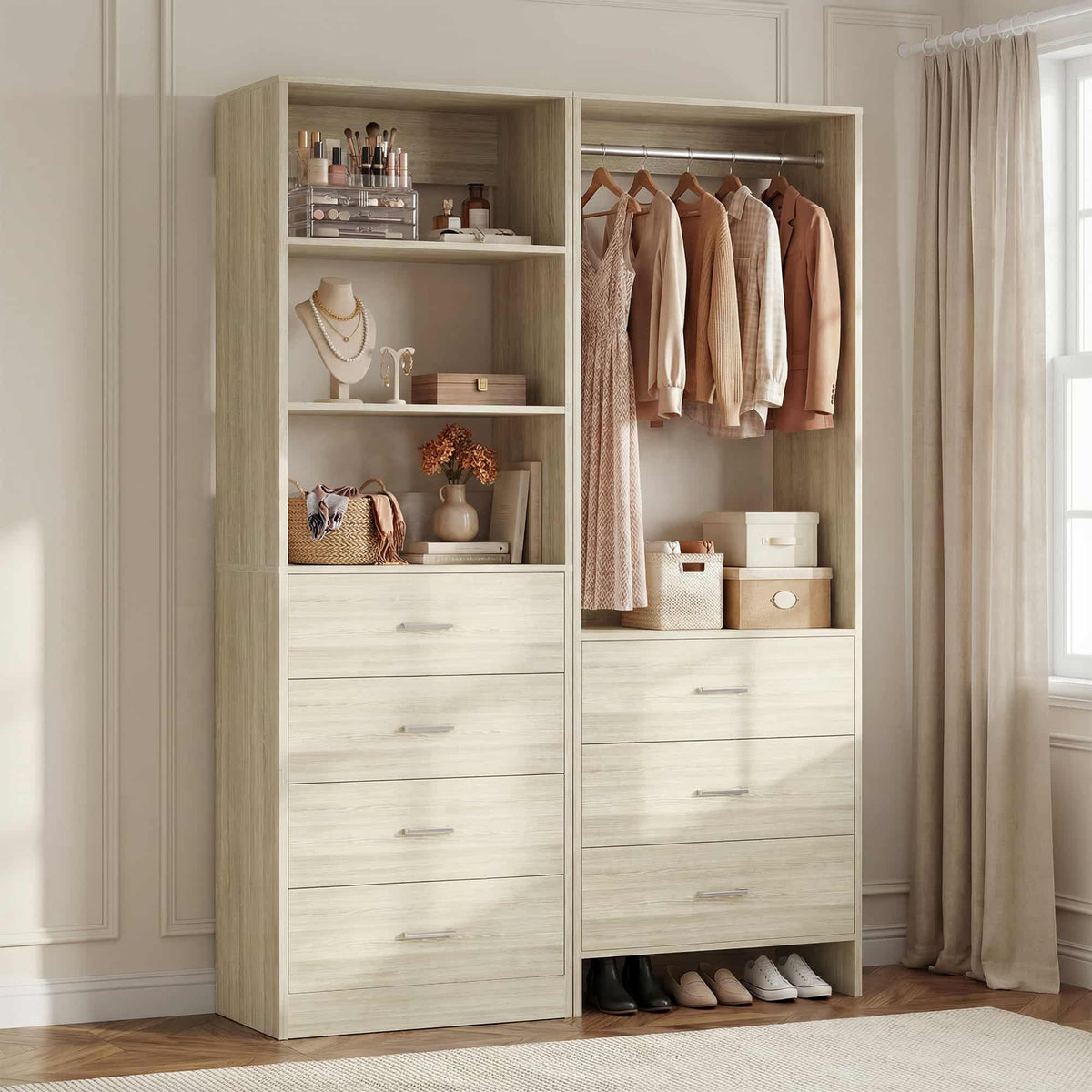 45'' Wide Closet Organizer System Set of 2, Walk-in Closet Storage System with 7 Drawers, Hanging Rod and Adjustable Shelf
