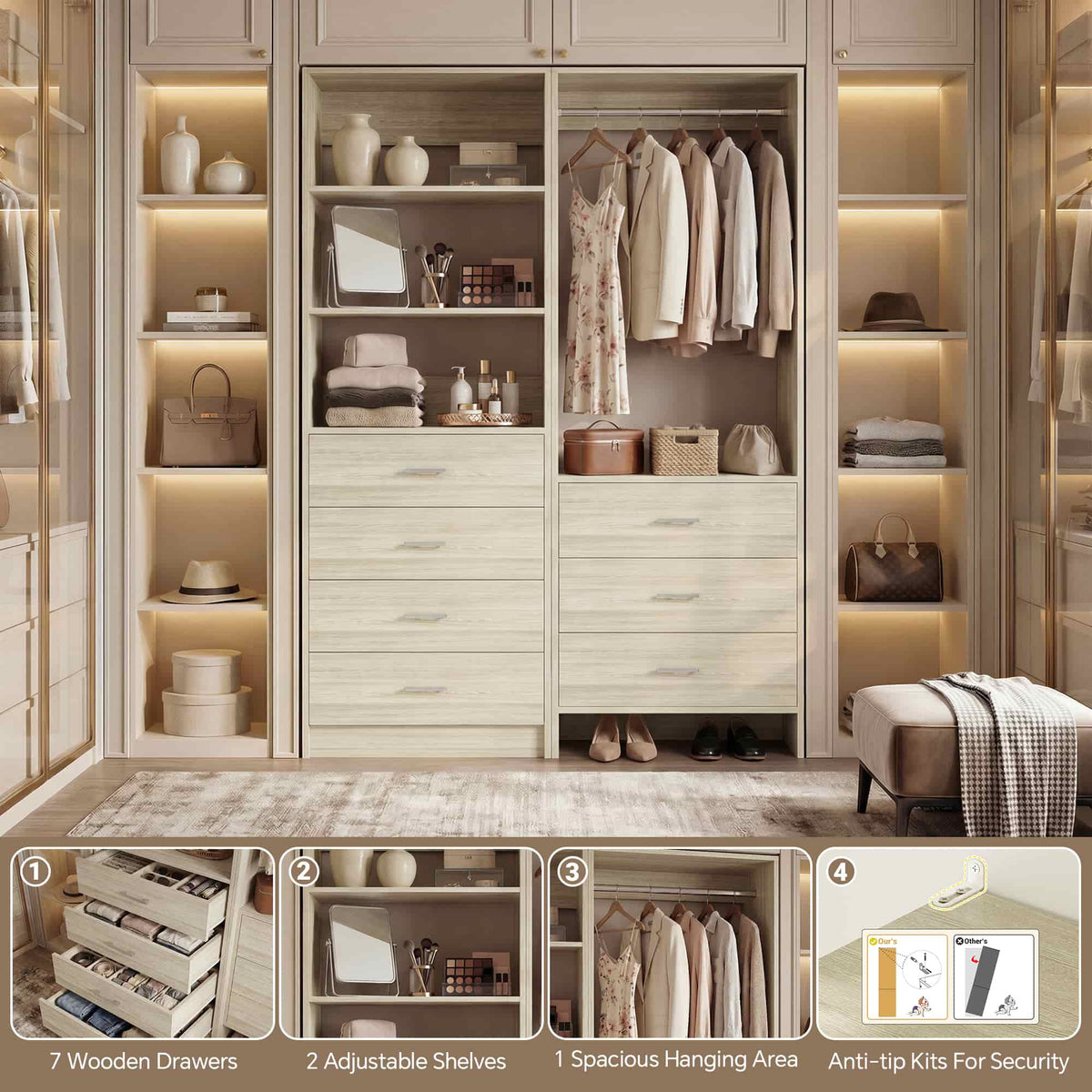 45'' Wide Closet Organizer System Set of 2, Walk-in Closet Storage System with 7 Drawers, Hanging Rod and Adjustable Shelf