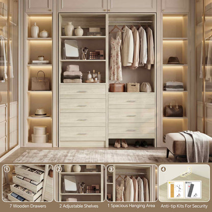 45'' Wide Closet Organizer System Set of 2, Walk-in Closet Storage System with 7 Drawers, Hanging Rod and Adjustable Shelf