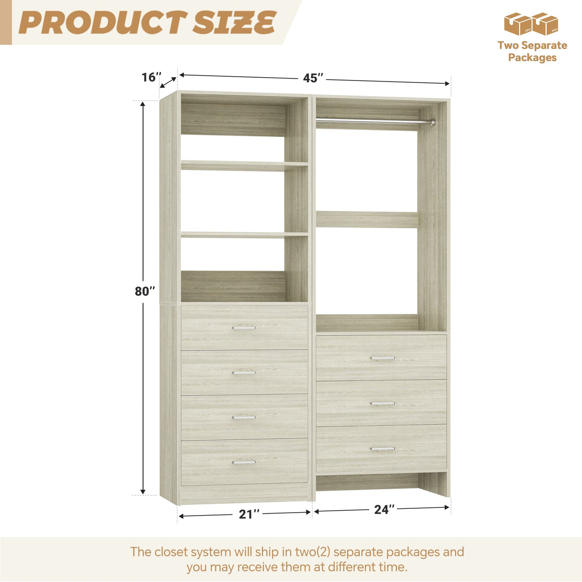 45'' Wide Closet Organizer System Set of 2, Walk-in Closet Storage System with 7 Drawers, Hanging Rod and Adjustable Shelf