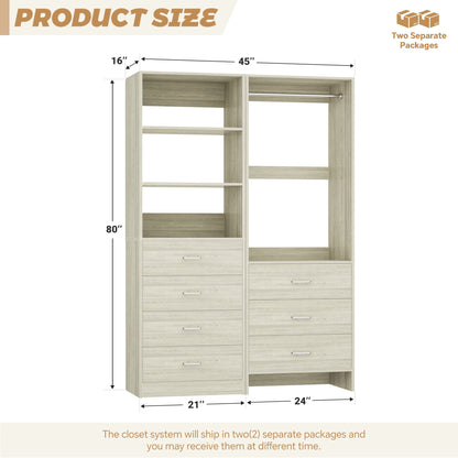 45'' Wide Closet Organizer System Set of 2, Walk-in Closet Storage System with 7 Drawers, Hanging Rod and Adjustable Shelf