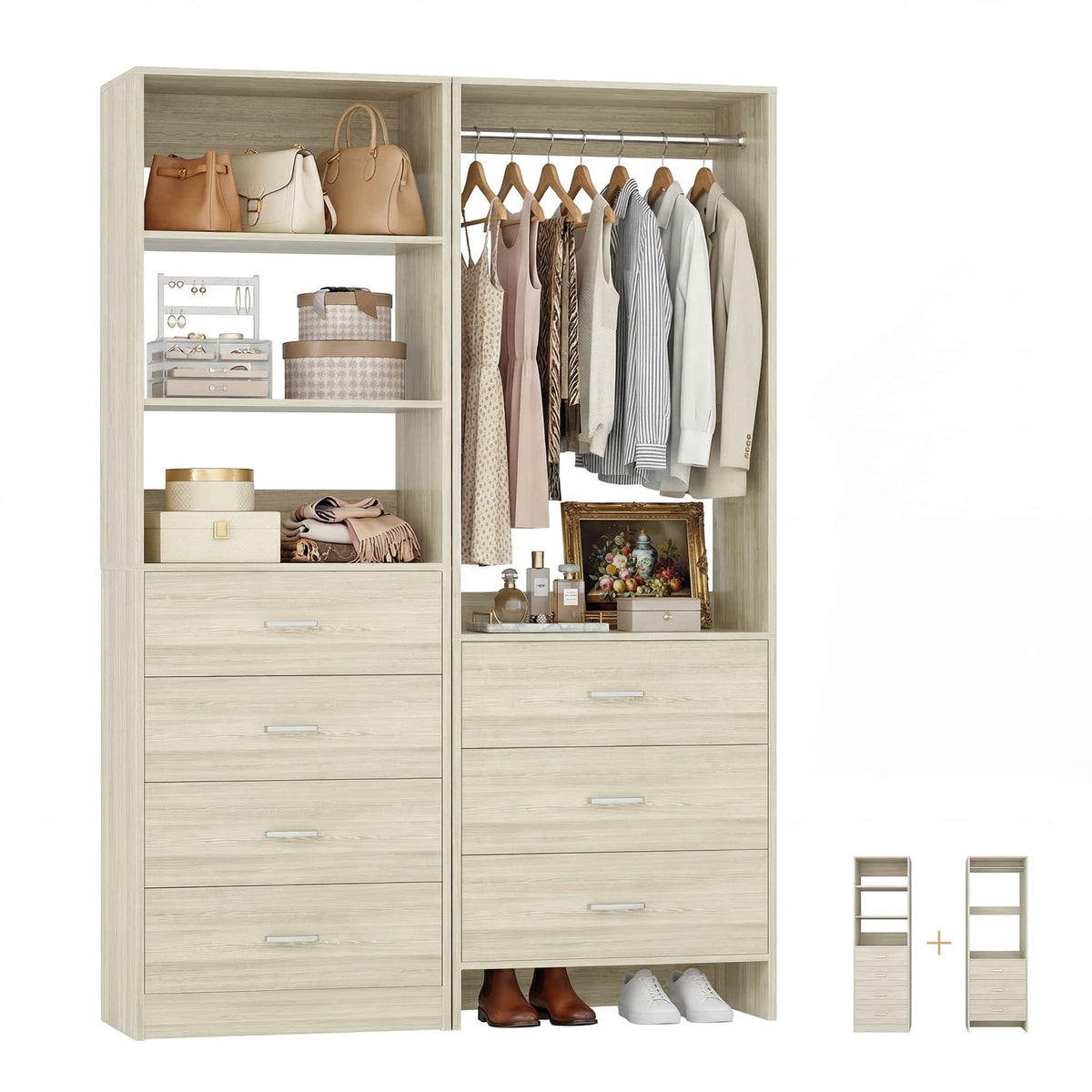 45'' Wide Closet Organizer System Set of 2, Walk-in Closet Storage System with 7 Drawers, Hanging Rod and Adjustable Shelf