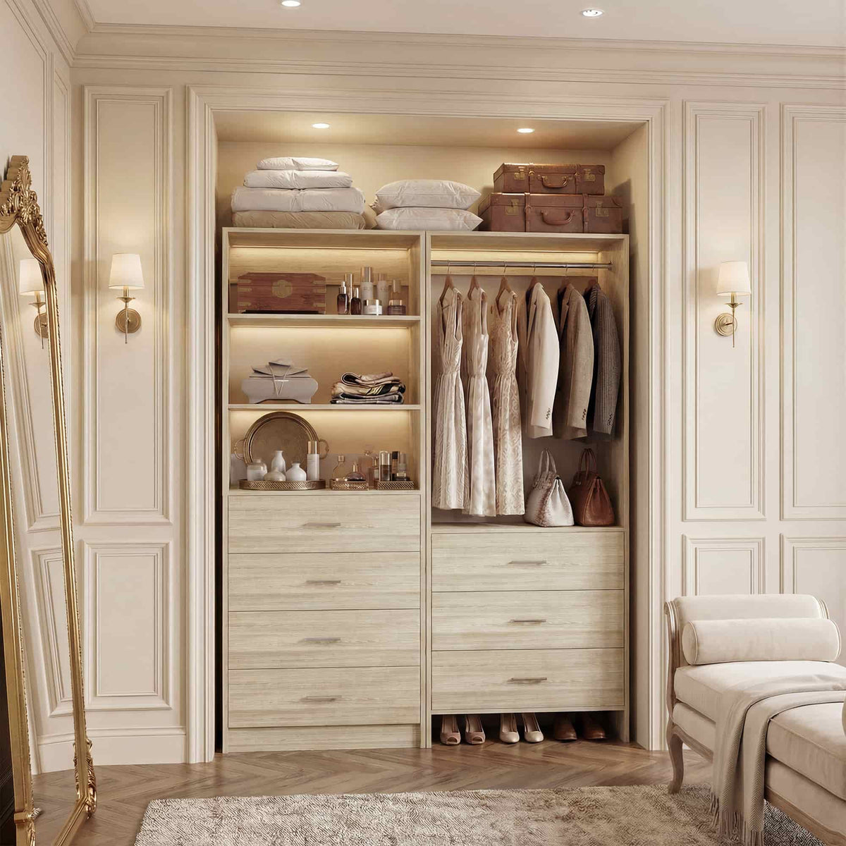 45'' Wide Closet Organizer System Set of 2, Walk-in Closet Storage System with 7 Drawers, Hanging Rod and Adjustable Shelf