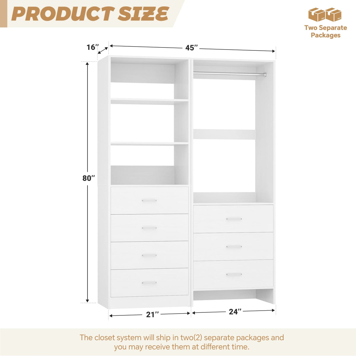 45'' Wide Closet Organizer System Set of 2, Walk-in Closet Storage System with 7 Drawers, Hanging Rod and Adjustable Shelf