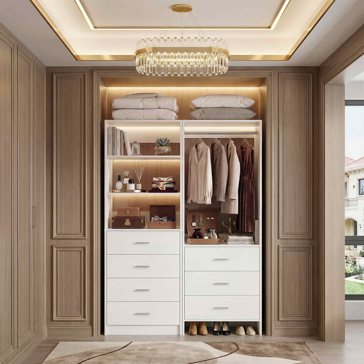 45'' Wide Closet Organizer System Set of 2, Walk-in Closet Storage System with 7 Drawers, Hanging Rod and Adjustable Shelf
