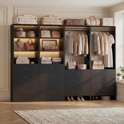 Closet Storage System, 4 Piece Set, 90''W Freestanding Wardrobe System with with 14 Drawers, 2 Hanging Rods & Shelves