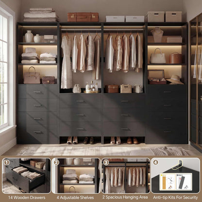 Closet Storage System, 4 Piece Set, 90''W Freestanding Wardrobe System with with 14 Drawers, 2 Hanging Rods & Shelves