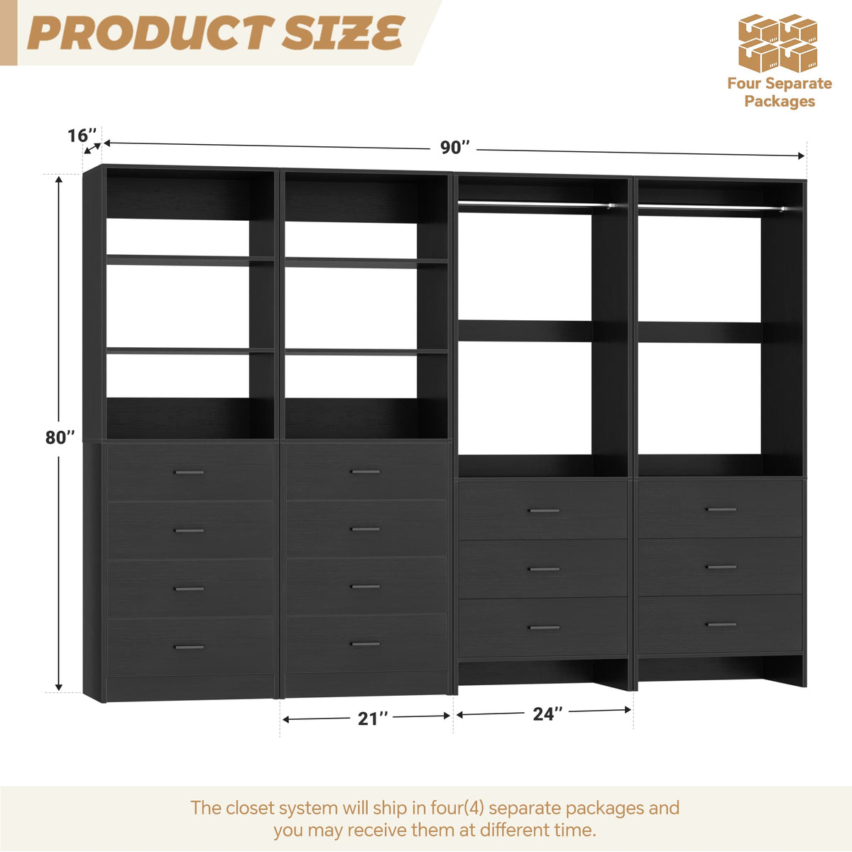Closet Storage System, 4 Piece Set, 90''W Freestanding Wardrobe System with with 14 Drawers, 2 Hanging Rods & Shelves