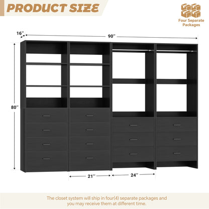 Closet Storage System, 4 Piece Set, 90''W Freestanding Wardrobe System with with 14 Drawers, 2 Hanging Rods & Shelves