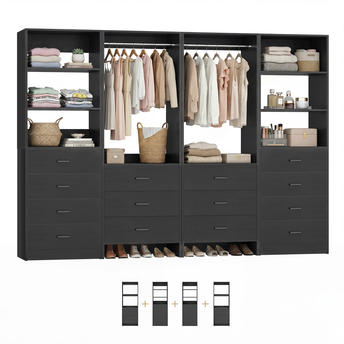 Closet Storage System, 4 Piece Set, 90''W Freestanding Wardrobe System with with 14 Drawers, 2 Hanging Rods & Shelves
