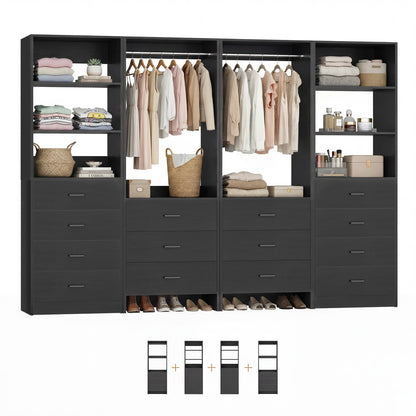 Closet Storage System, 4 Piece Set, 90''W Freestanding Wardrobe System with with 14 Drawers, 2 Hanging Rods & Shelves