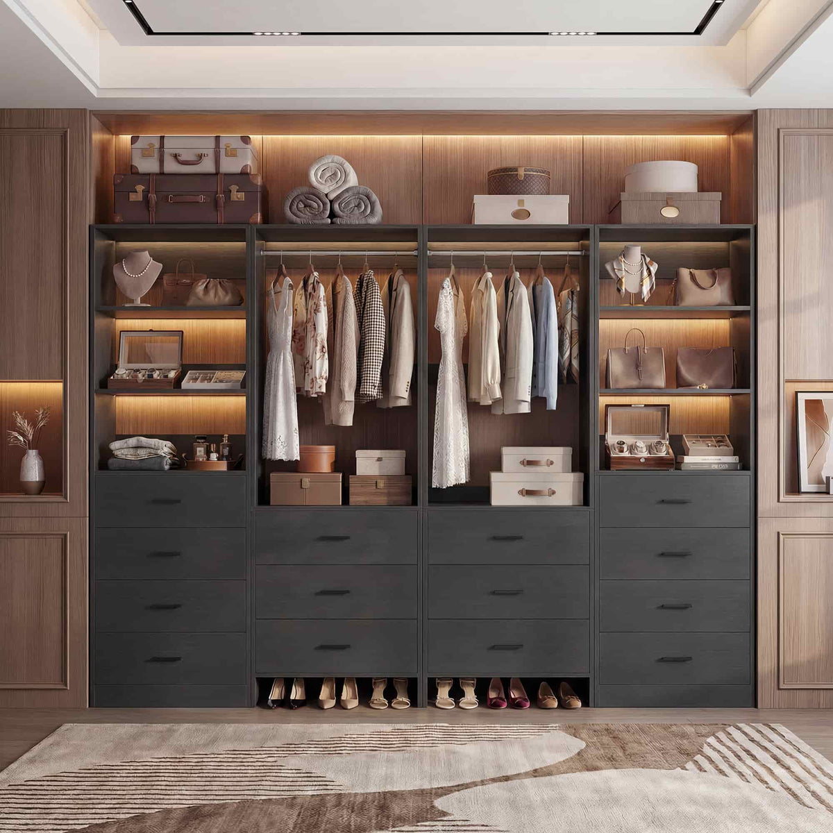 Closet Storage System, 4 Piece Set, 90''W Freestanding Wardrobe System with with 14 Drawers, 2 Hanging Rods & Shelves