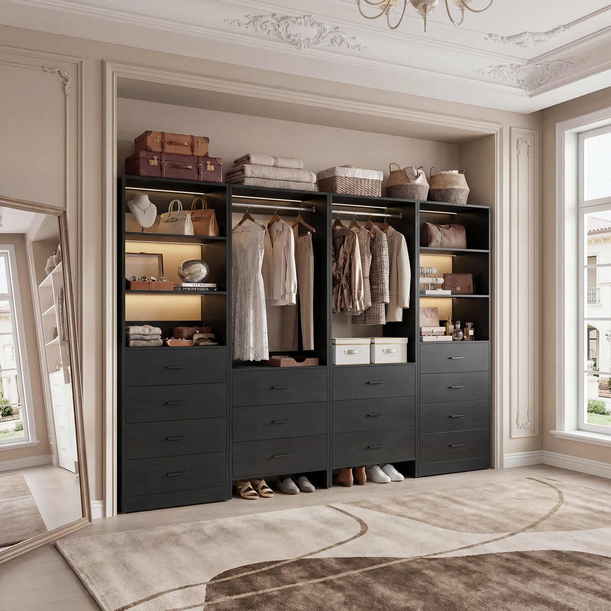Closet Storage System, 4 Piece Set, 90''W Freestanding Wardrobe System with with 14 Drawers, 2 Hanging Rods & Shelves